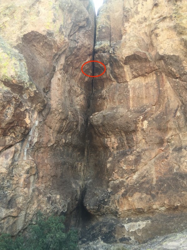The red circle shows where John crawled inside of the rock. He proceeded to climb up within the narrow chimney for at least 20 feet, and was never close enough to the outside to even stick a hand out.