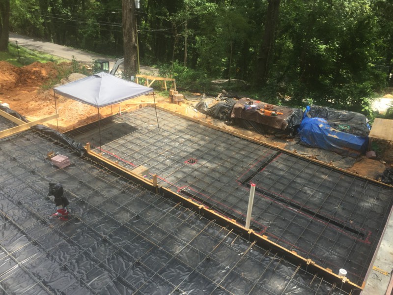 The rebar laid out where the slab will be poured