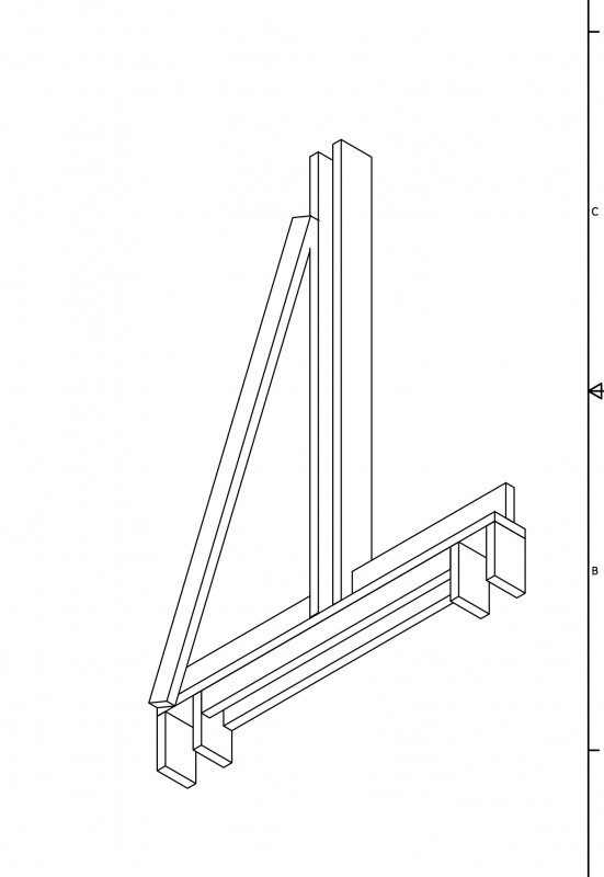 Rough sketch of the first machine. Imagine a wheel mounted on each end, and the truss placed between the two vertical boards in the center.