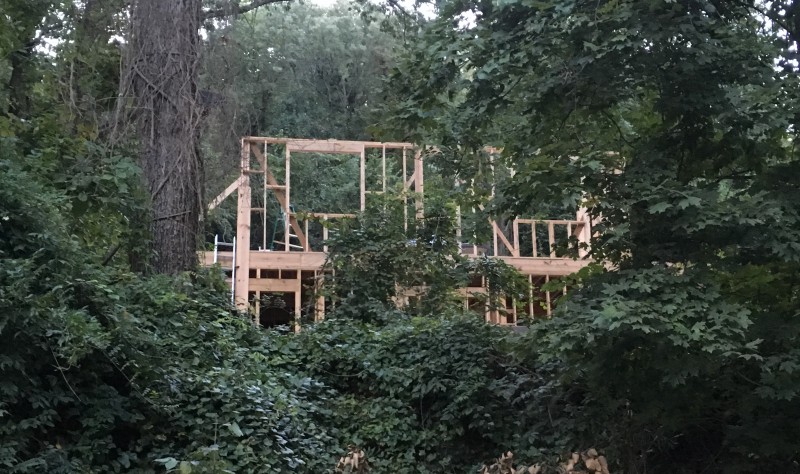 The view from the road. All the foliage we have worked hard to preserve obscures most of the first floor (and even some of the second floor!), so we still feel a sense of privacy.