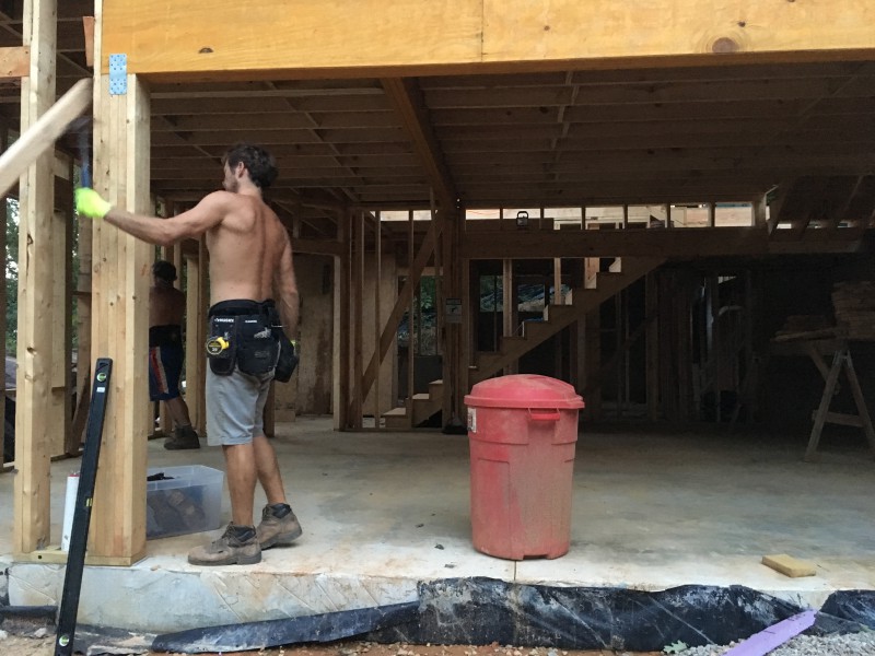A view inside the garage now that we have added the stairs and the floor above.