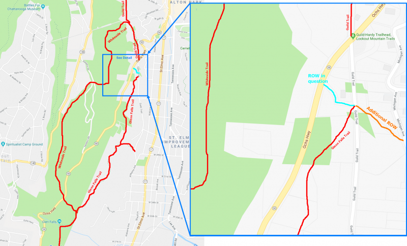 The blue line shows the ROW in question. All it does is cut off a corner between Guild Trail and Ochs highway, but the city kept insisting they might want it someday. It made sense to use back when Guild Trail was only a set of railroad tracks, but there is no need for it now.