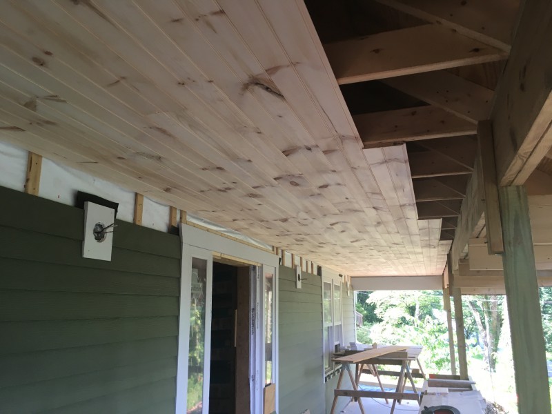 The partially completed front porch ceiling.