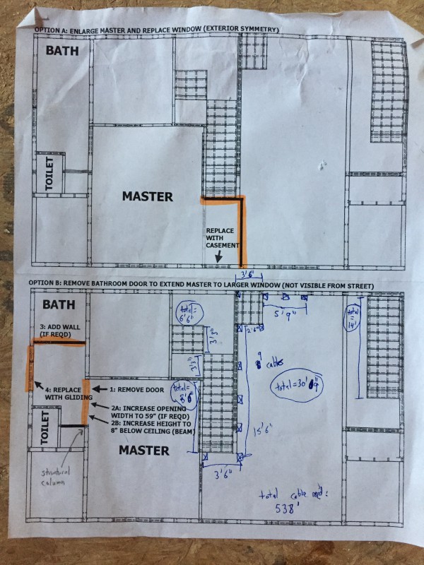 The two options outlined on the floor plan. The top one shows where we would expand the master bedroom to include the center window and replace it with a casement. The bottom one shows where the doorway between the bed and bath would be widening and where the egress window is. Fortunately, they did not require us to build a new wall separating the shower.