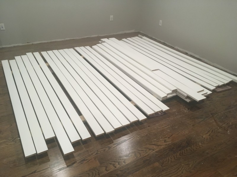 A small fraction of the baseboards after completing the painting step. We really should have purchased/rented a paint sprayer.